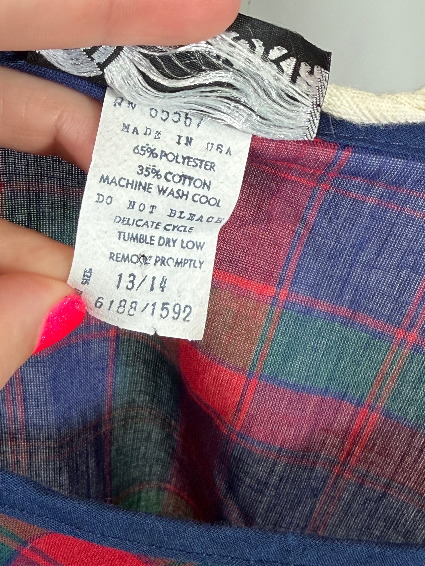 Vintage 80s Nu Venture poof sleeve plaid midi dress
