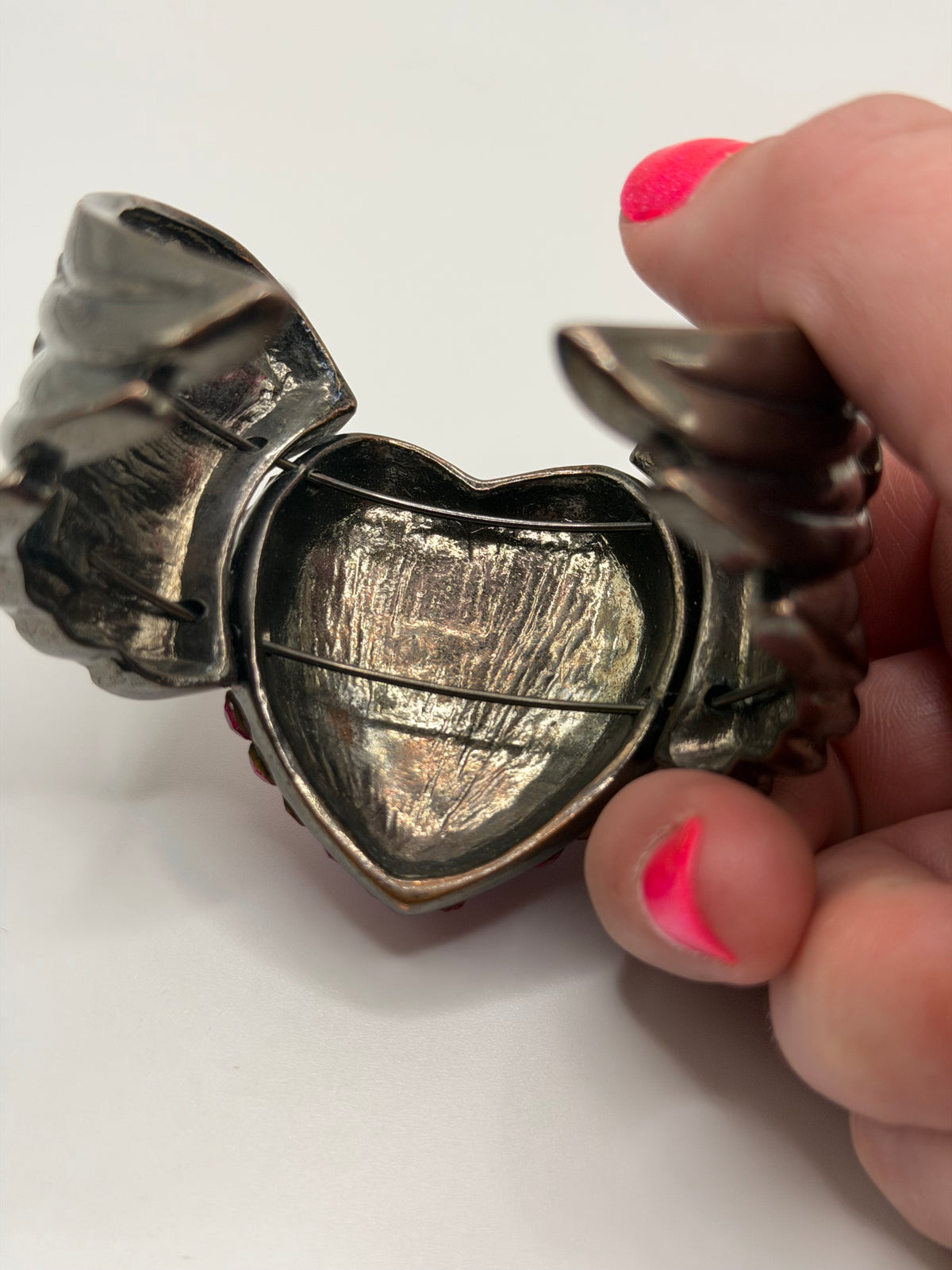 Y2K pink rhinestone winged heart cuff bracelet
