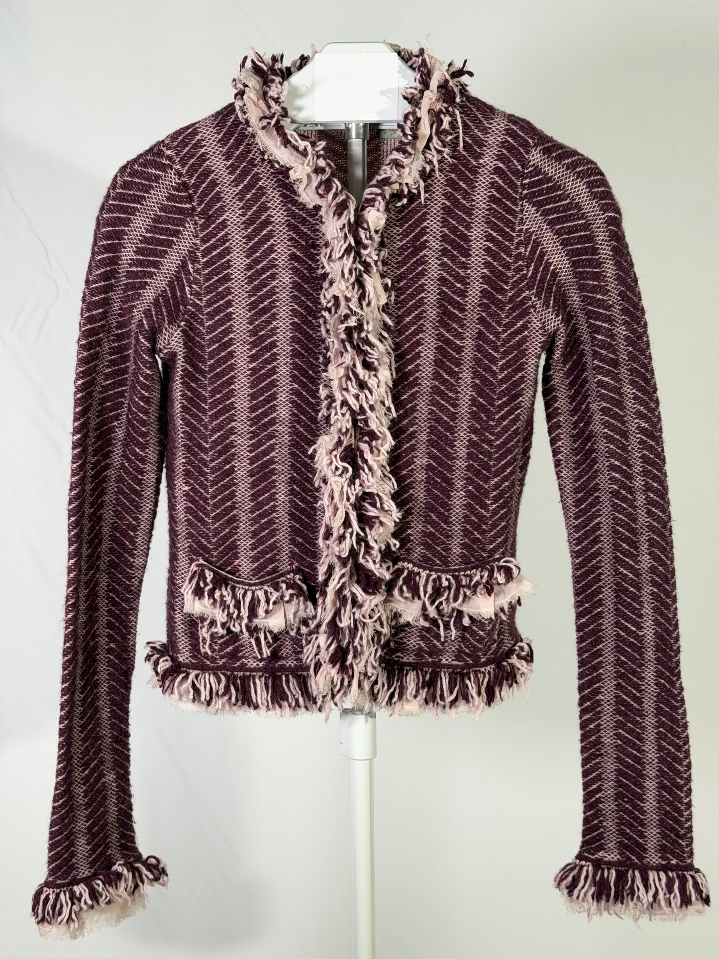 Vintage Y2K Anthropologie plum cheveron shaggy fringe knit jacket