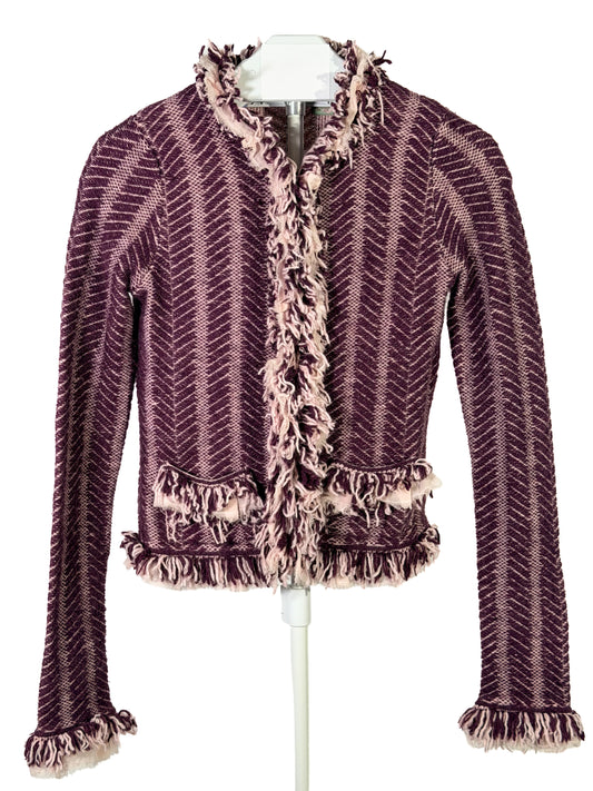 Vintage Y2K Anthropologie plum cheveron shaggy fringe knit jacket