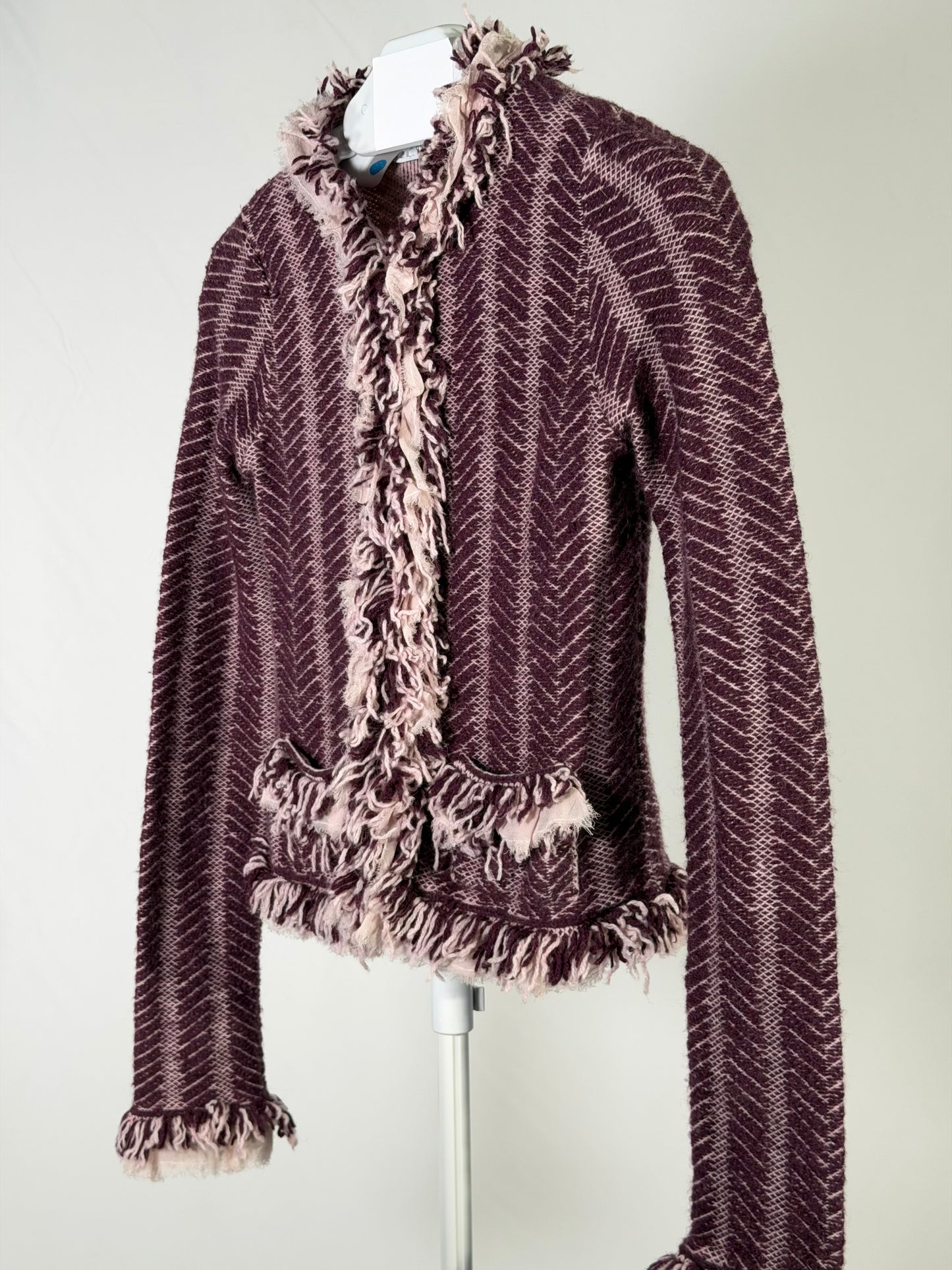Vintage Y2K Anthropologie plum cheveron shaggy fringe knit jacket