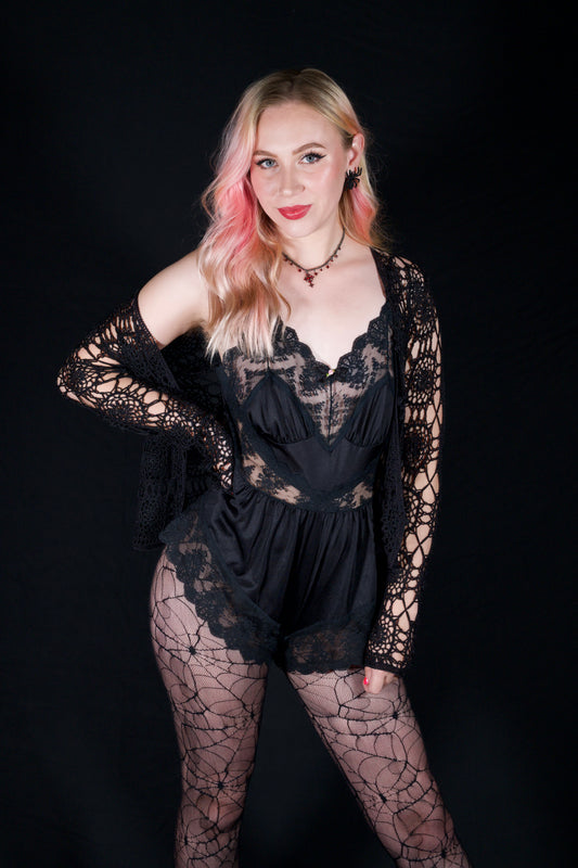 Vintage 80s Bernette black sheer lace teddy romper