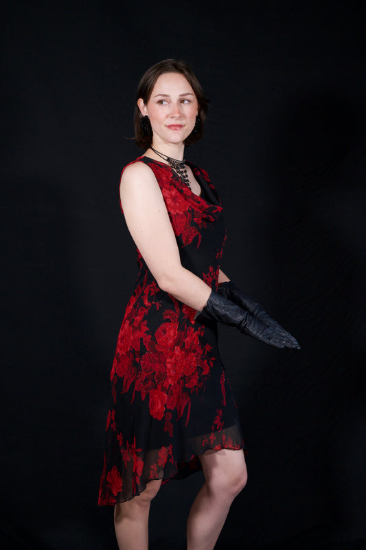 Connected Apparel sequin beaded black/red floral cowl neck midi