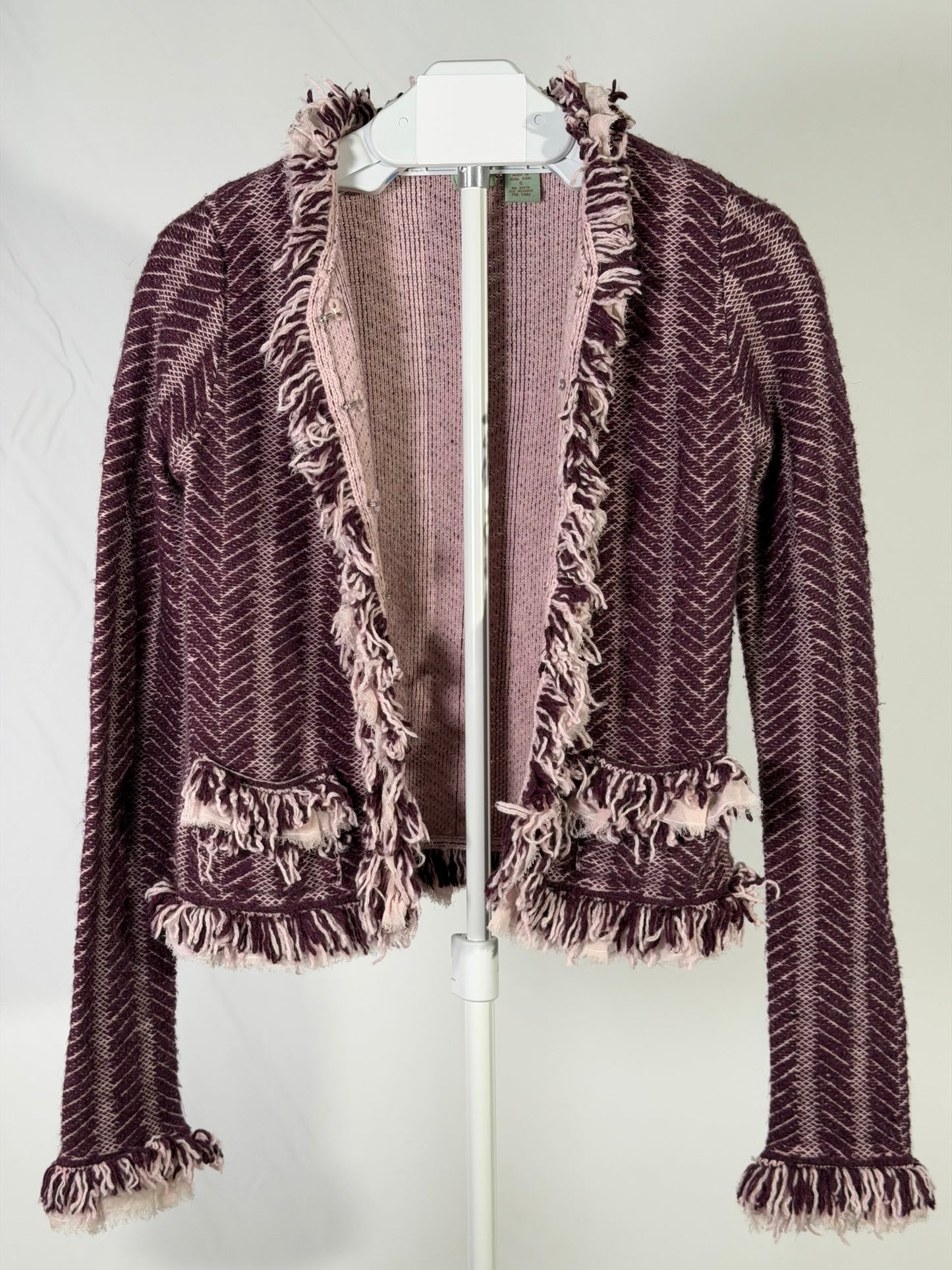 Vintage Y2K Anthropologie plum cheveron shaggy fringe knit jacket