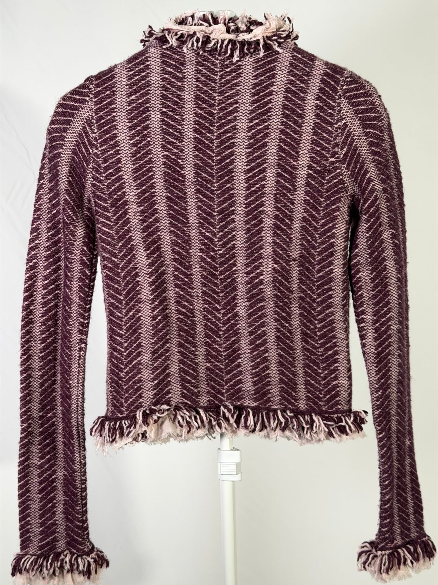 Vintage Y2K Anthropologie plum cheveron shaggy fringe knit jacket
