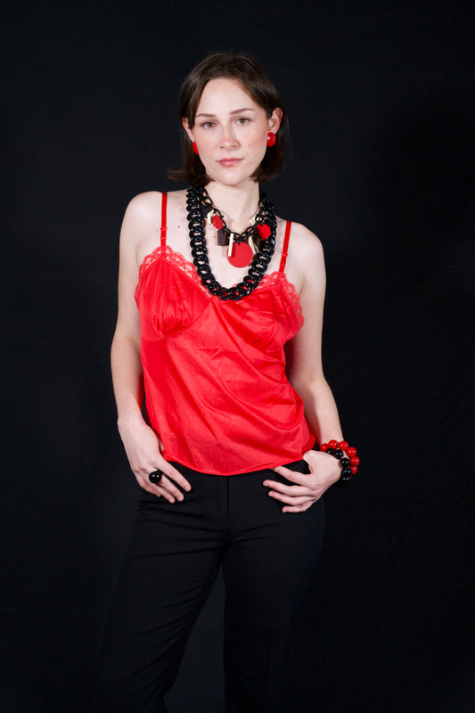Vintage 80s Deena... red lace trim camisole slip top