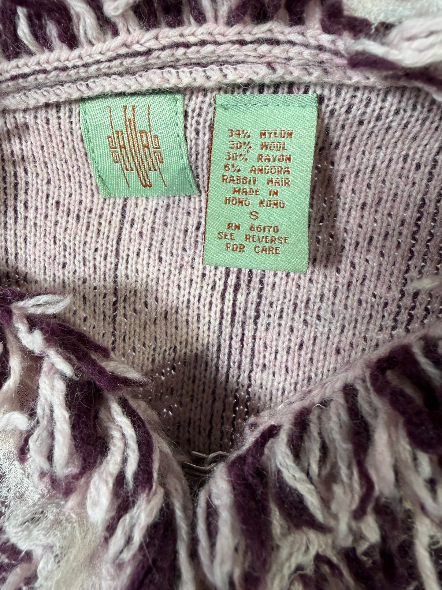 Vintage Y2K Anthropologie plum cheveron shaggy fringe knit jacket