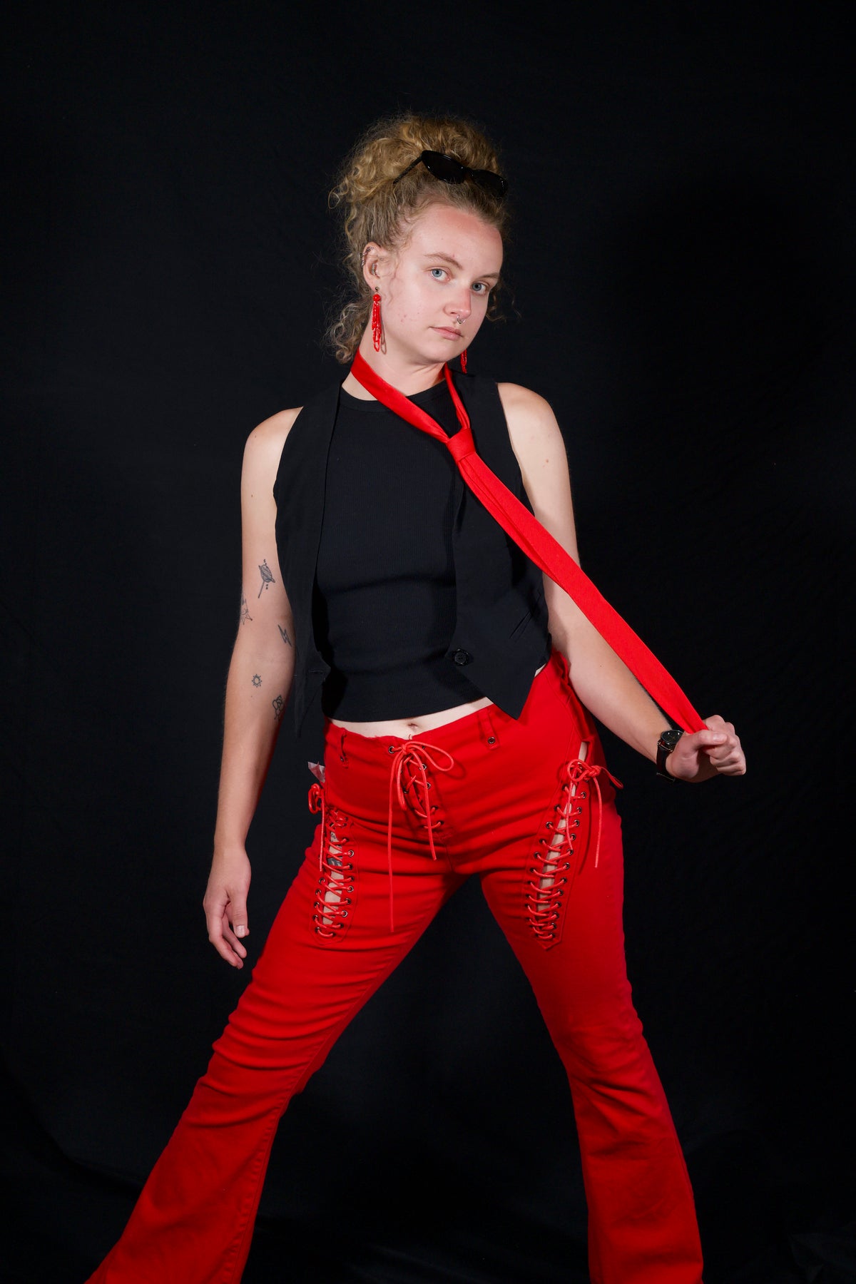 Edikted red triple lace-up high-rise flare jeans