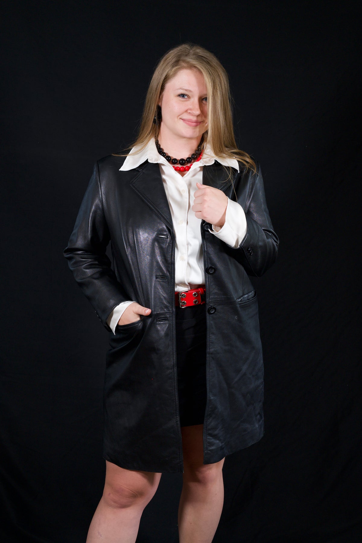 Vintage 90s Stone & York genuine black lambskin leather trench coat