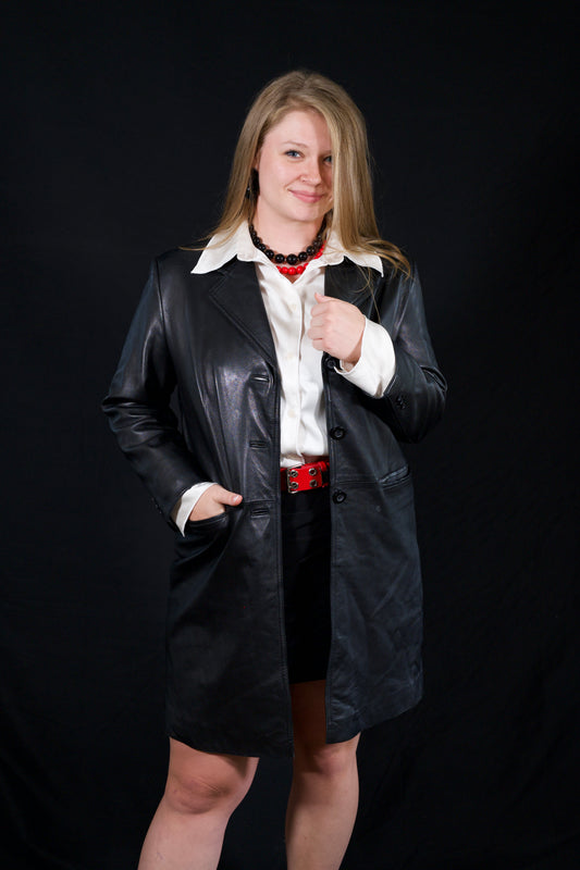 Vintage 90s Stone & York genuine black lambskin leather trench coat