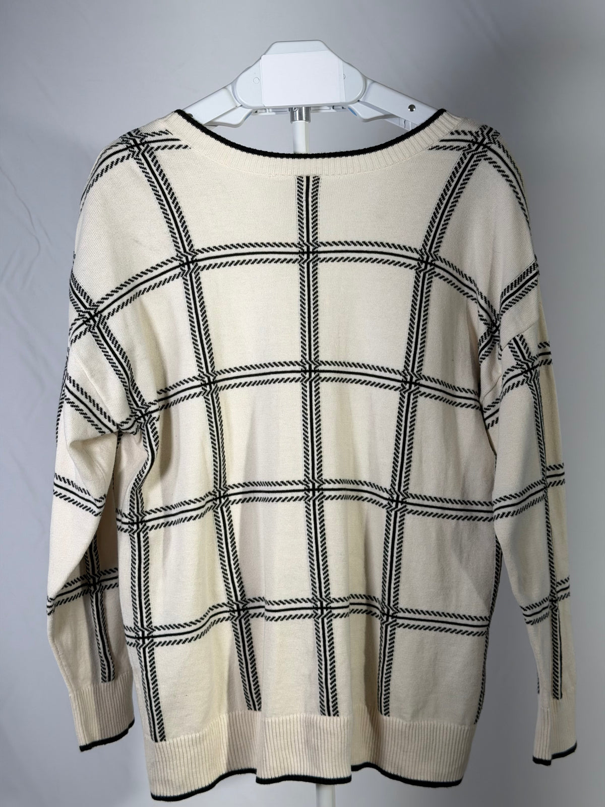 Cream and black windowpane grid v-neck slouchy sweater