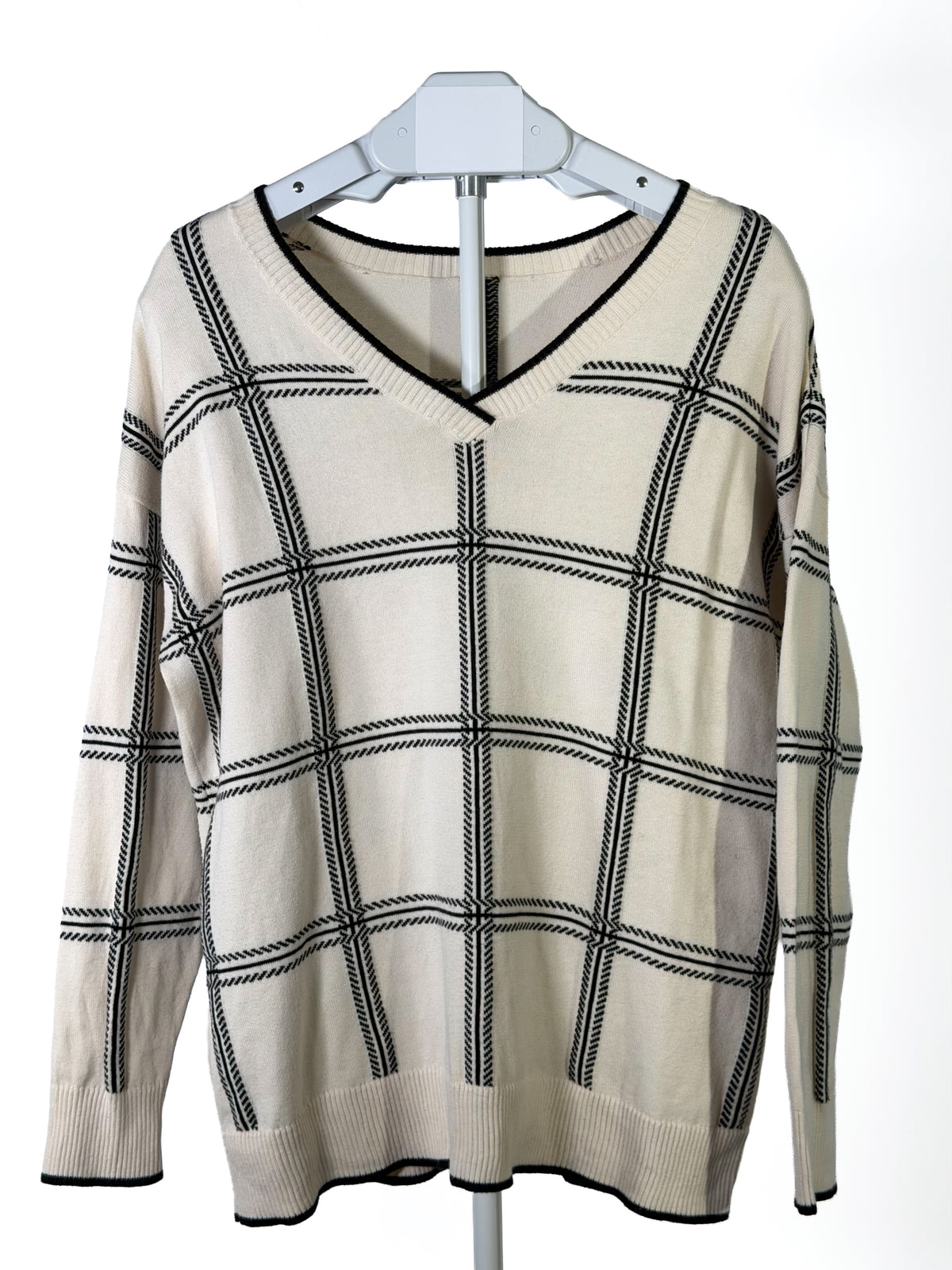 Cream and black windowpane grid v-neck slouchy sweater