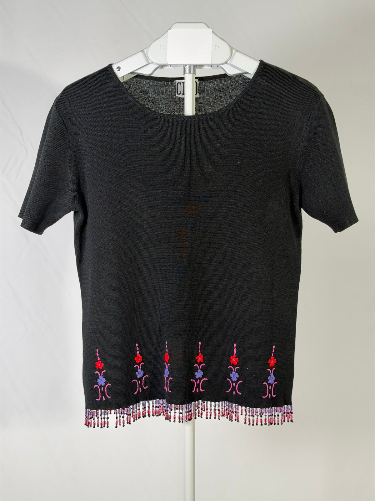 Vintage 90s Clio black embroidered floral beaded fringe top