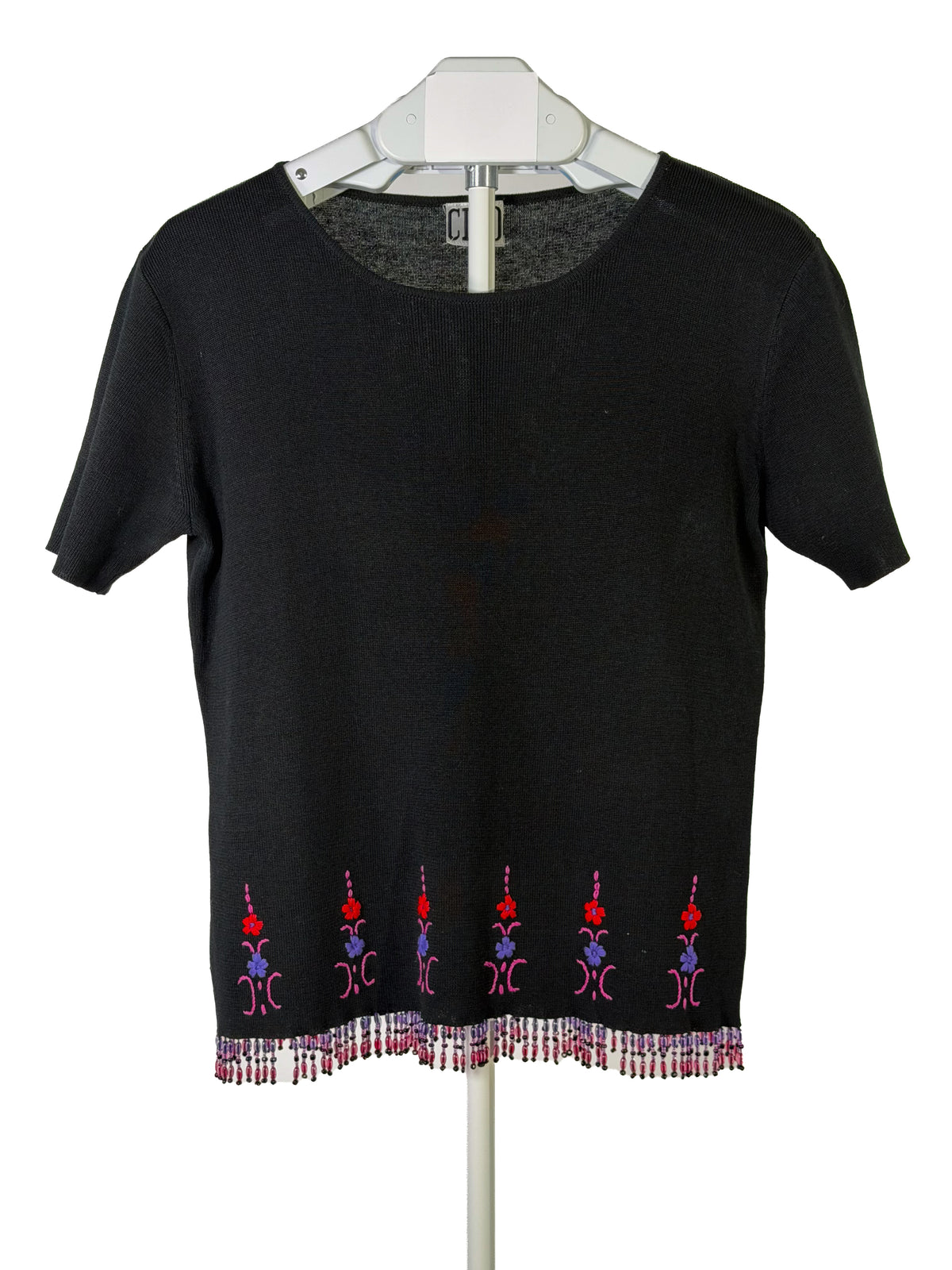 Vintage 90s Clio black embroidered floral beaded fringe top