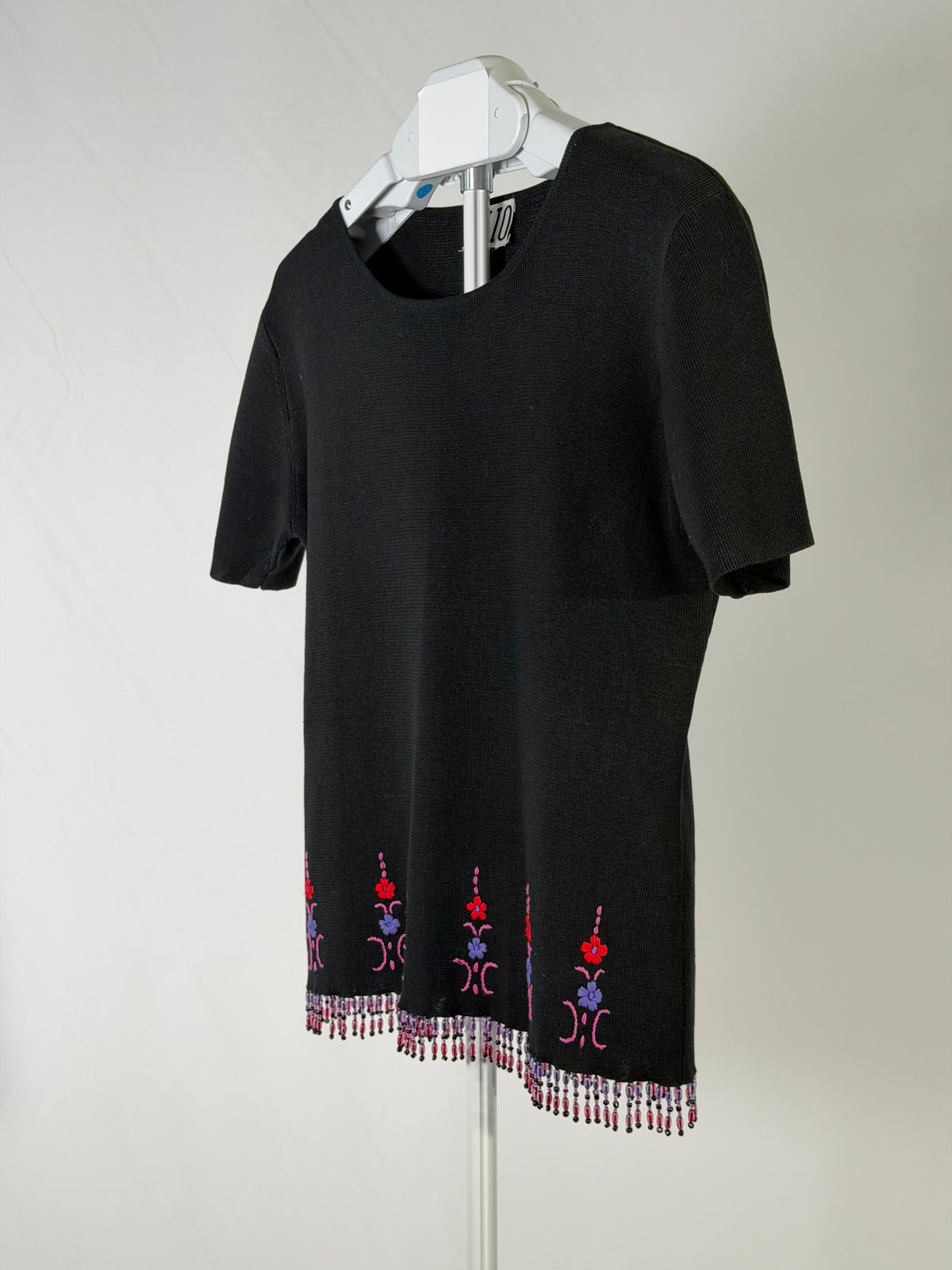 Vintage 90s Clio black embroidered floral beaded fringe top