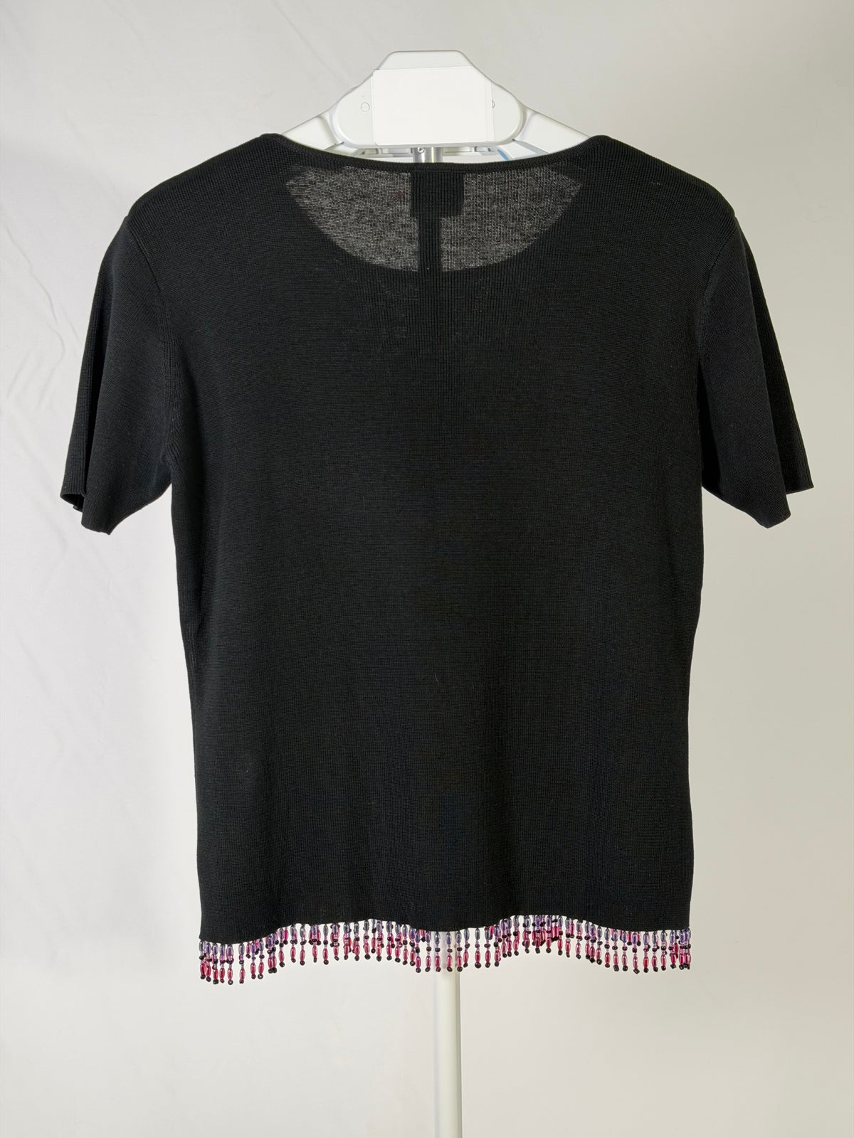 Vintage 90s Clio black embroidered floral beaded fringe top