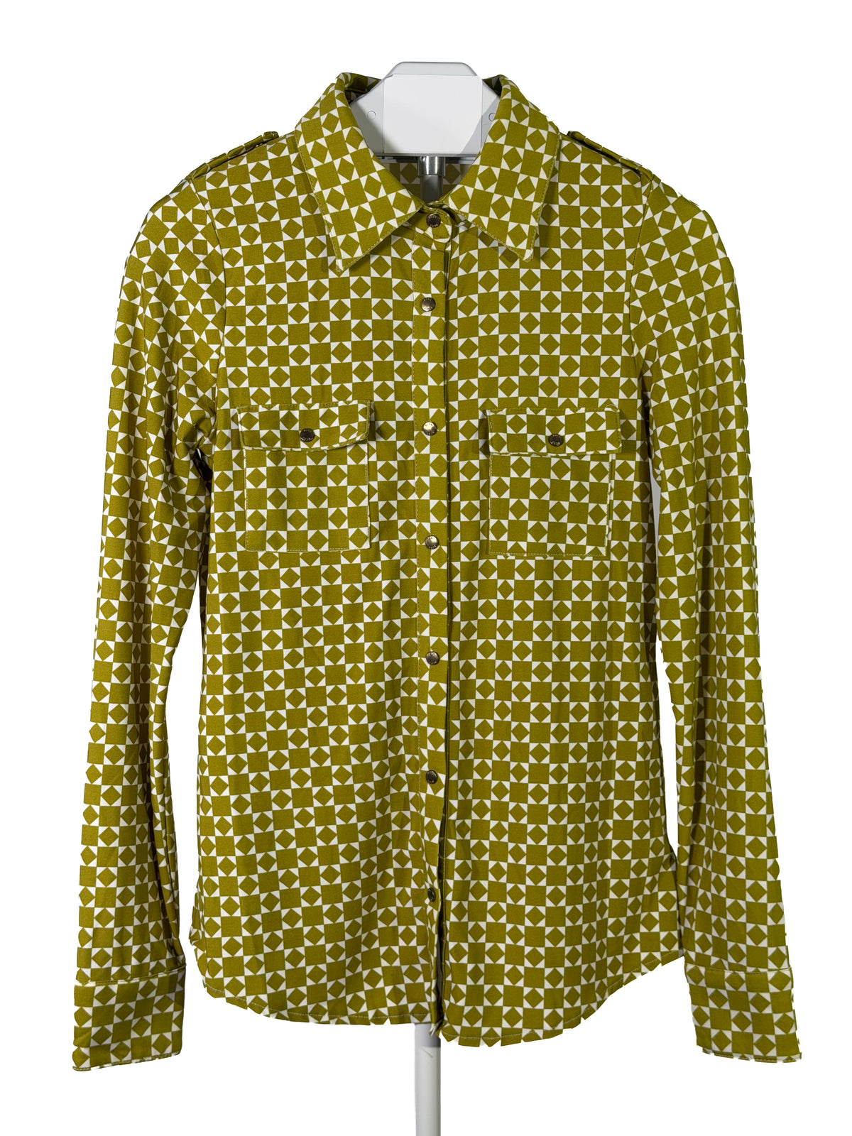 BCBGMAXAZRIA chartreuse geometric button-up