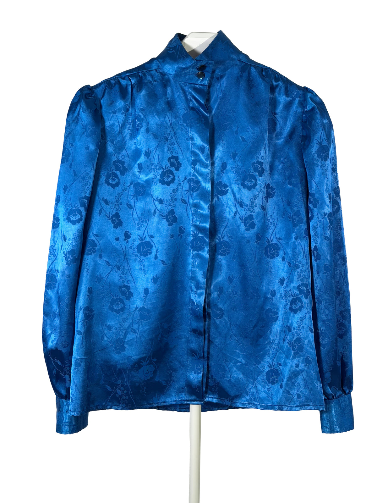 Vintage 80s cobalt blue satin floral mock neck blouse