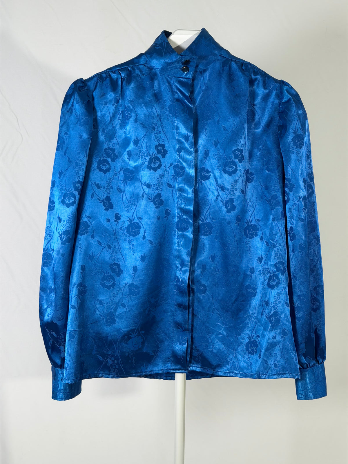 Vintage 80s cobalt blue satin floral mock neck blouse