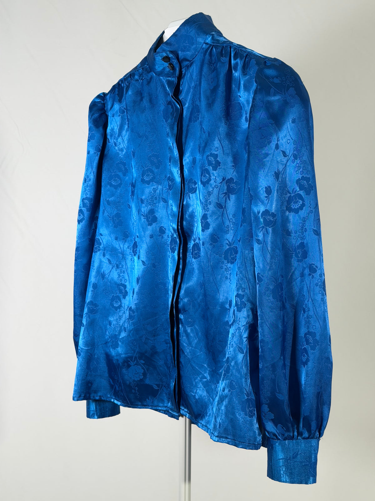 Vintage 80s cobalt blue satin floral mock neck blouse