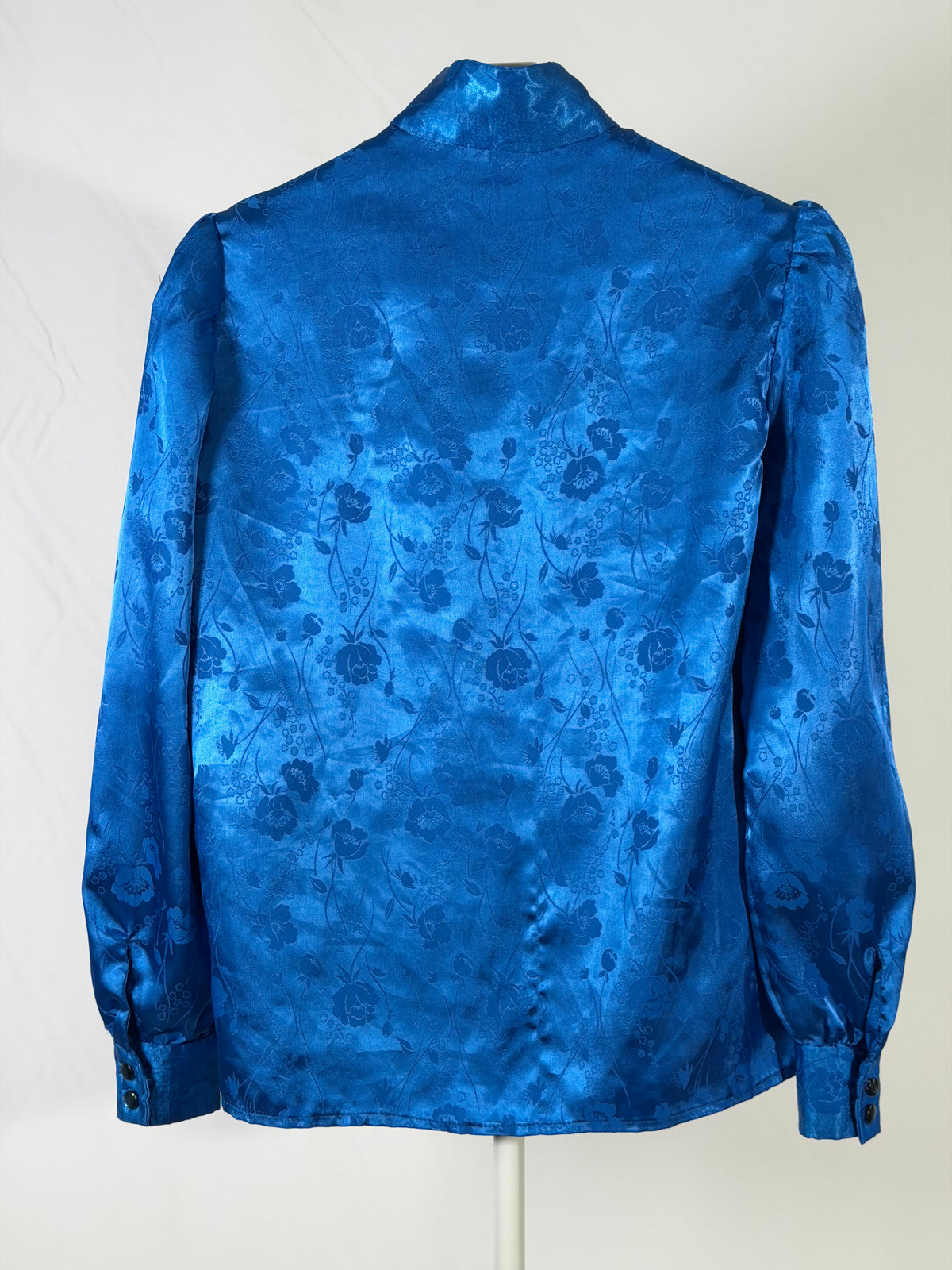 Vintage 80s cobalt blue satin floral mock neck blouse