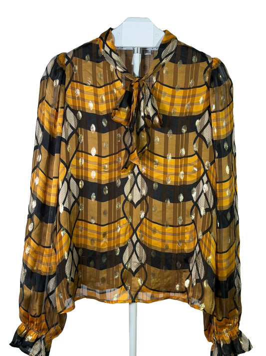 Joie plaid & gold metallic bow blouse