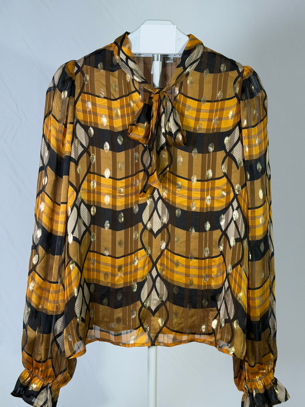 Joie plaid & gold metallic bow blouse