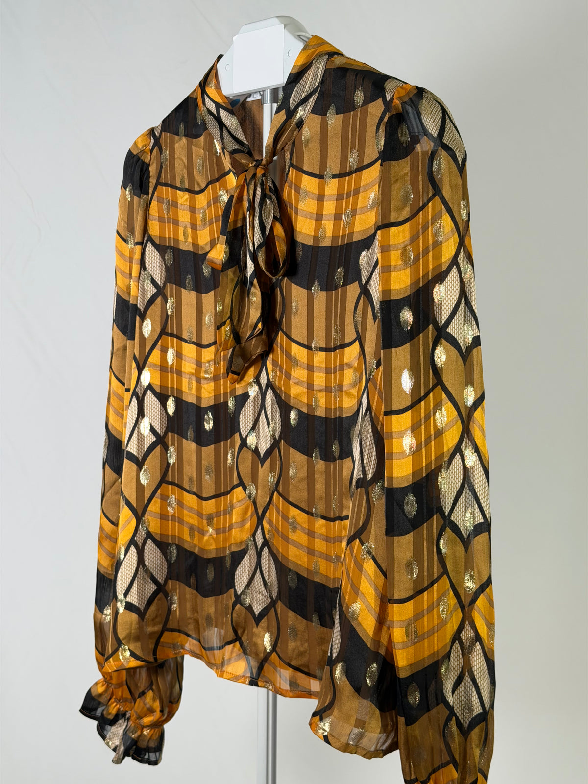 Joie plaid & gold metallic bow blouse