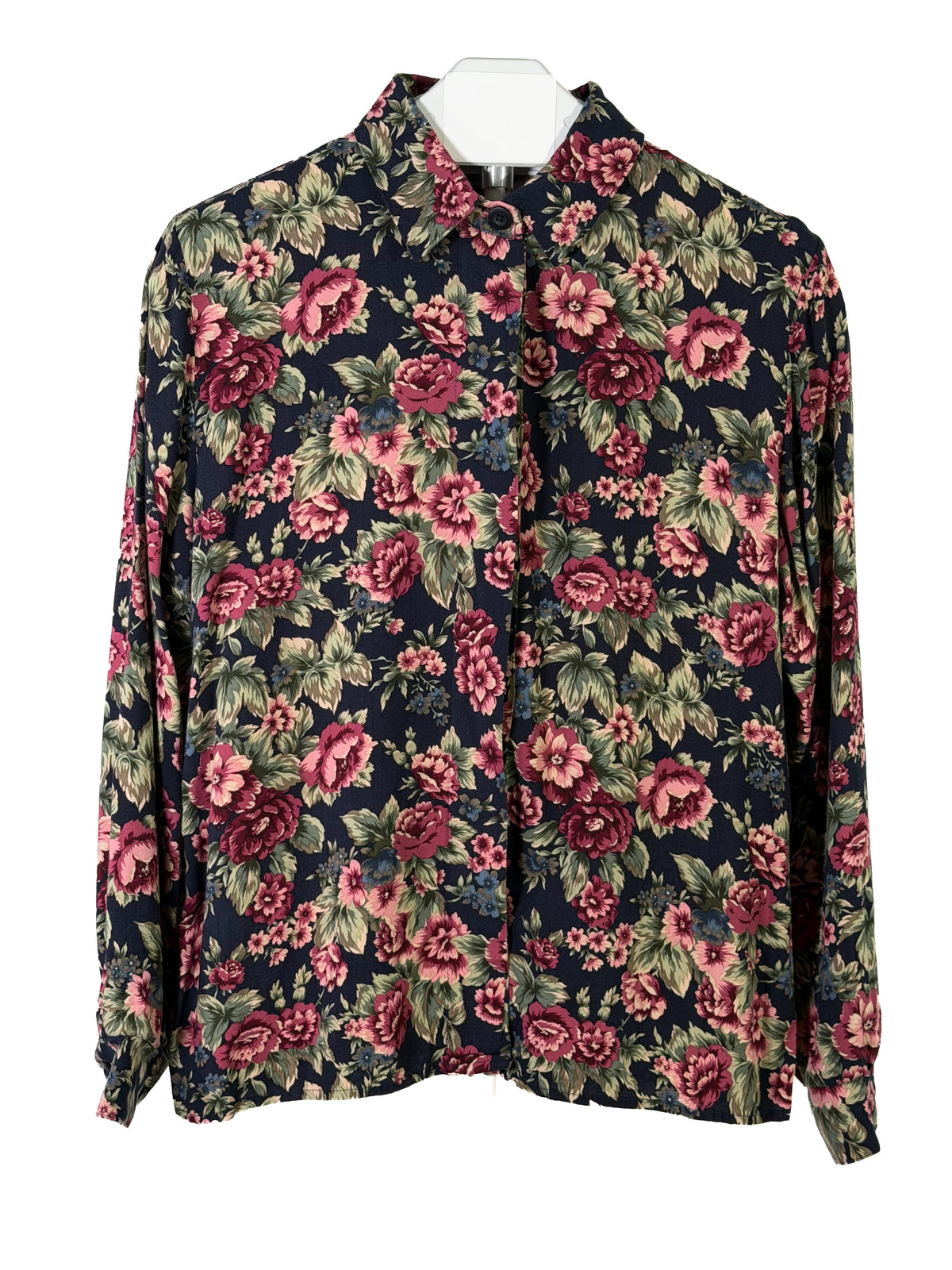 Vintage 90s Lucia Petites navy floral long sleeve blouse