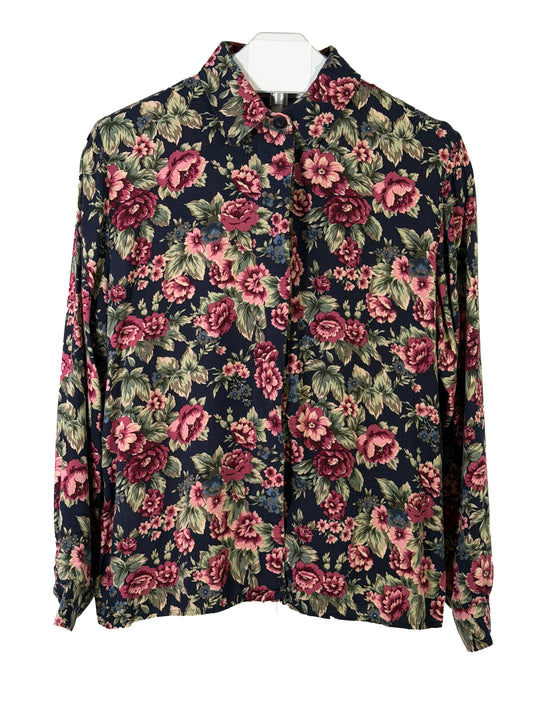 Vintage 90s Lucia Petites navy floral long sleeve blouse