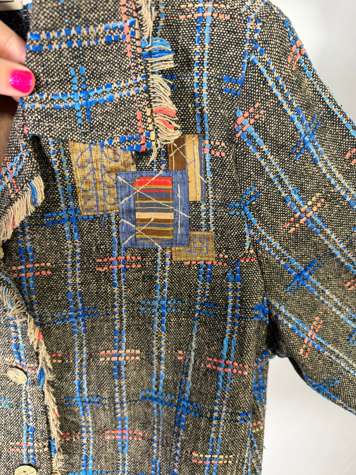 Vintage 90s Canvasbacks plaid patchwork fringe blazer