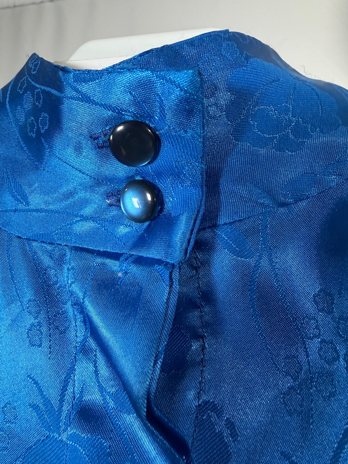 Vintage 80s cobalt blue satin floral mock neck blouse