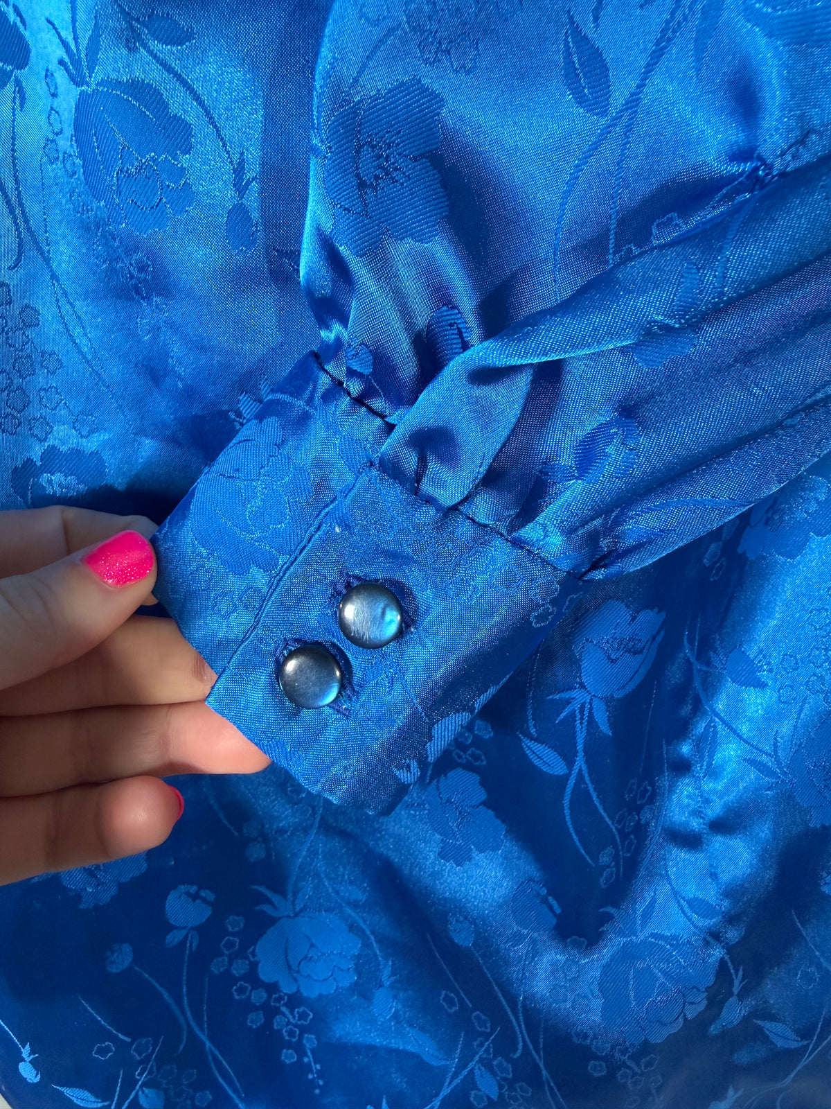 Vintage 80s cobalt blue satin floral mock neck blouse