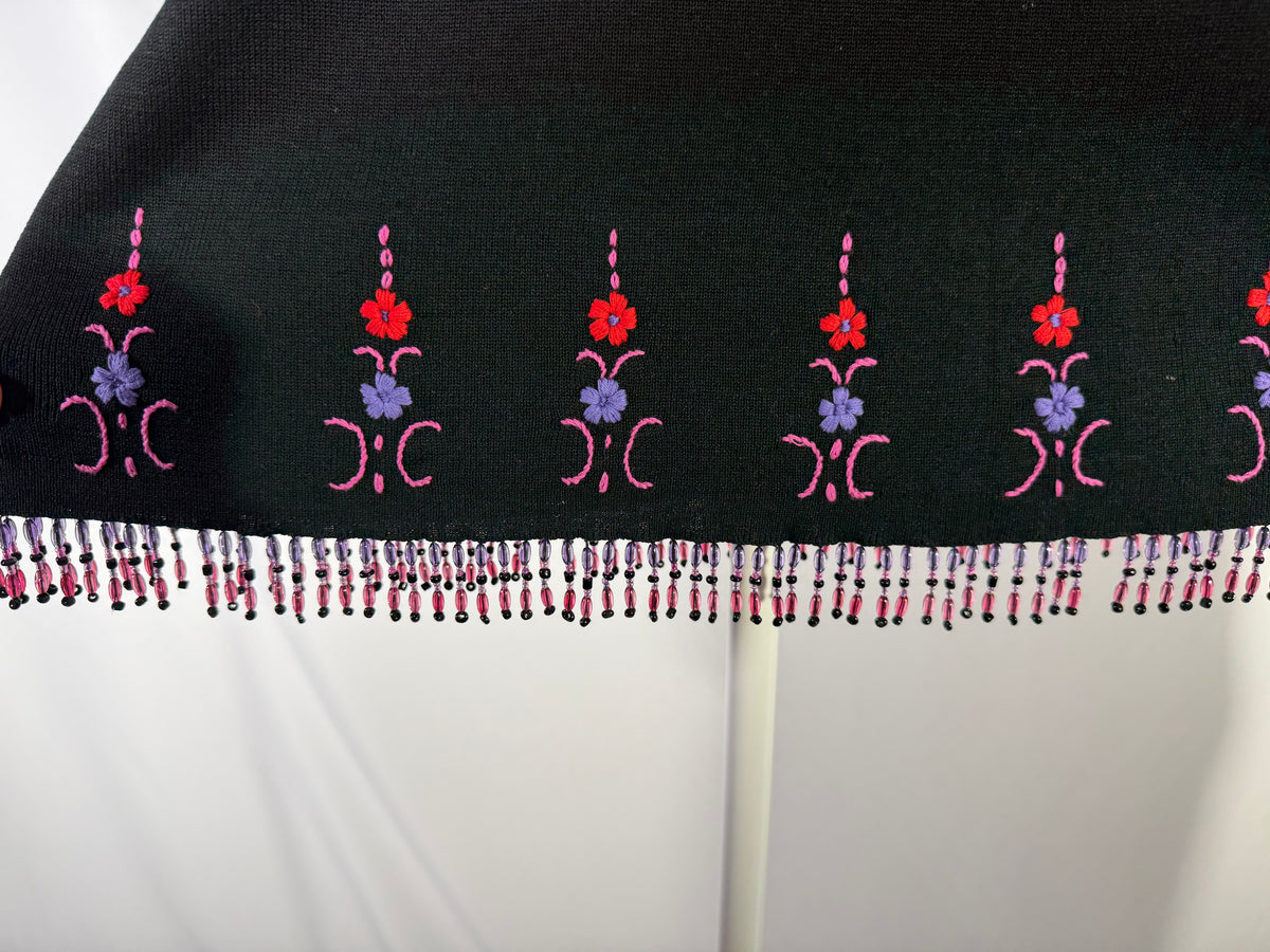 Vintage 90s Clio black embroidered floral beaded fringe top