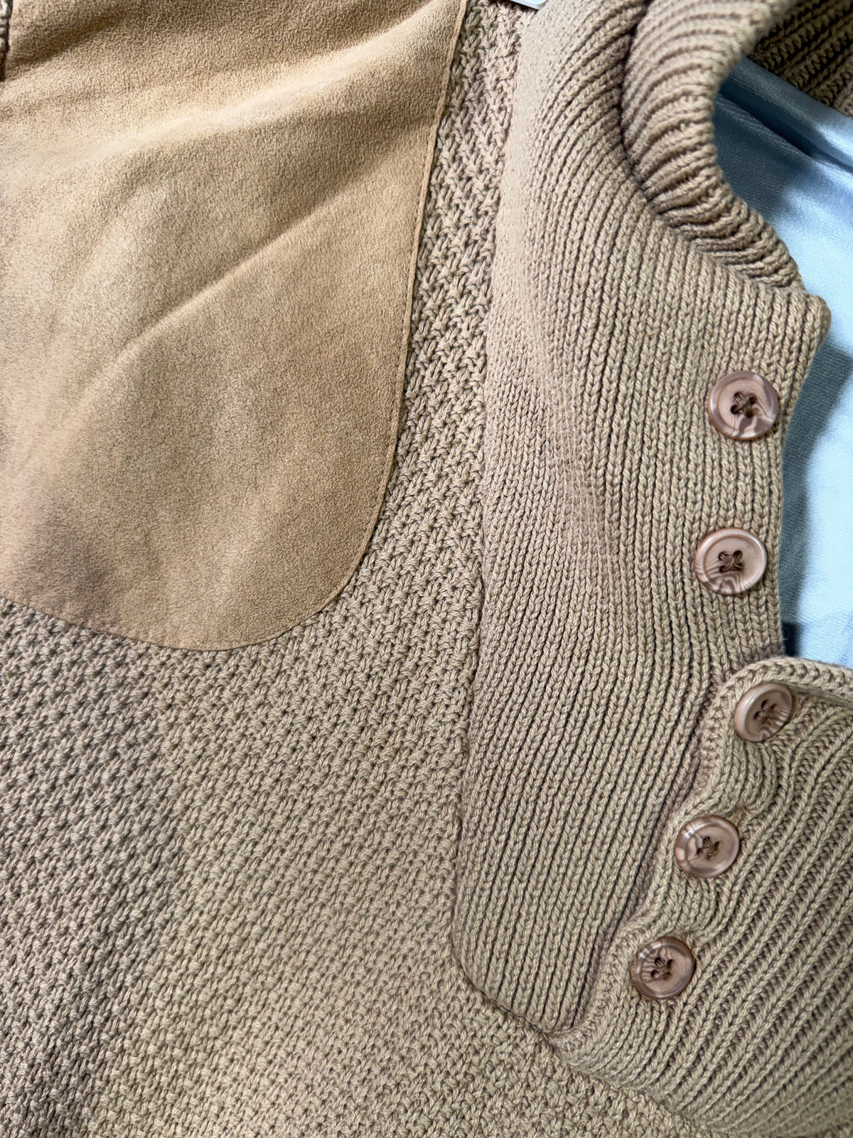 Vintage 90s 10X camel popcorn knit suede patch sweater