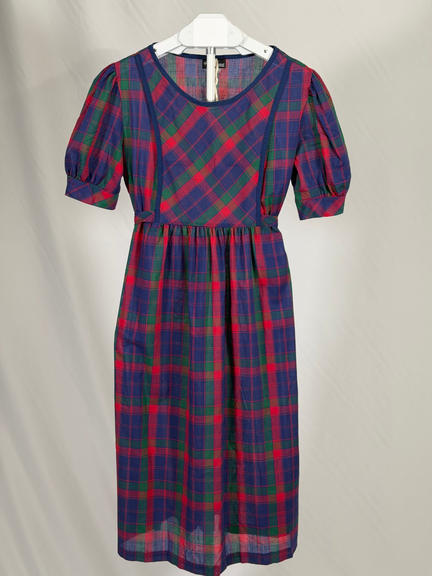 Vintage 80s Nu Venture poof sleeve plaid midi dress