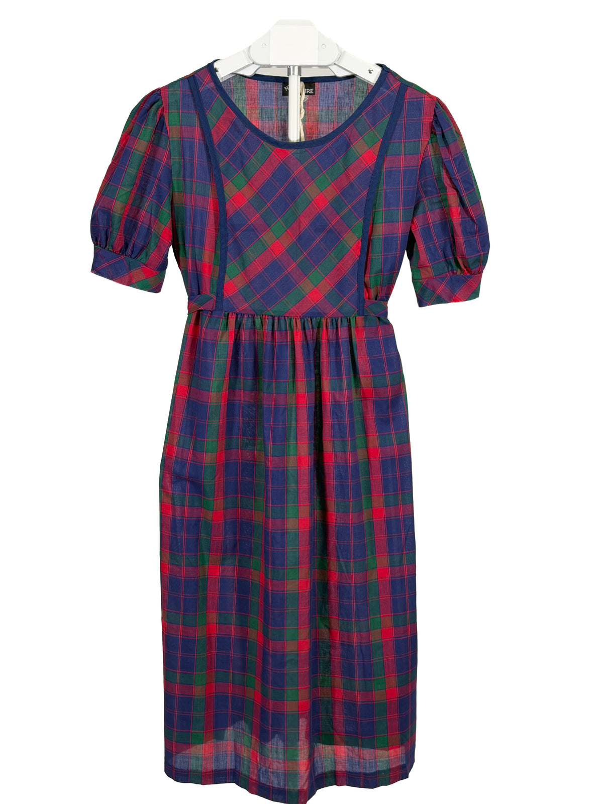 Vintage 80s Nu Venture poof sleeve plaid midi dress