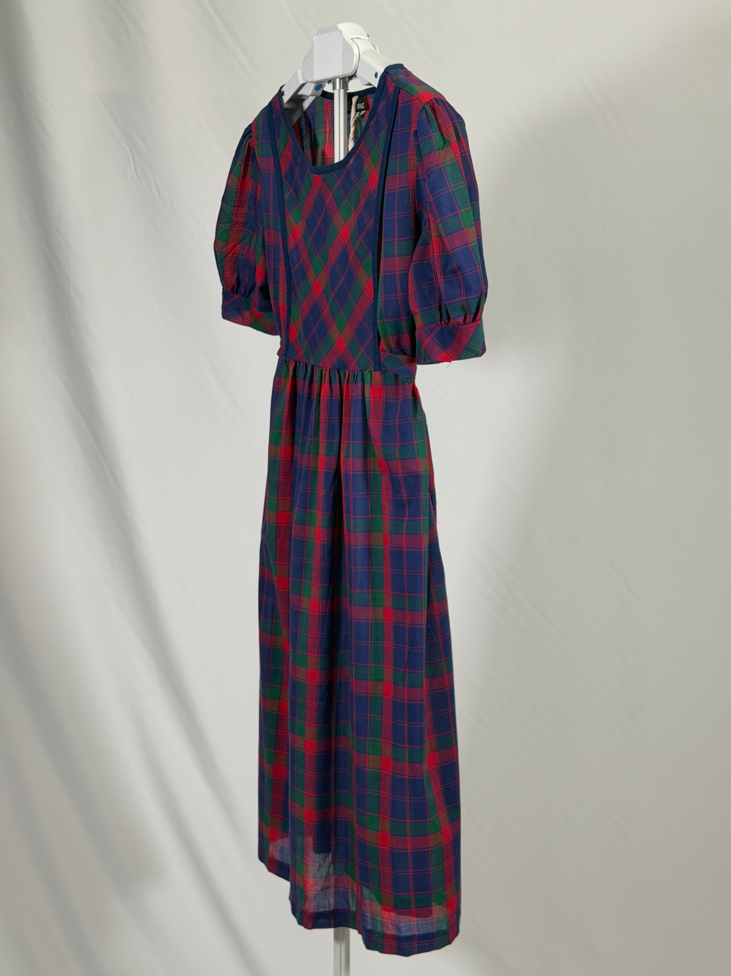 Vintage 80s Nu Venture poof sleeve plaid midi dress