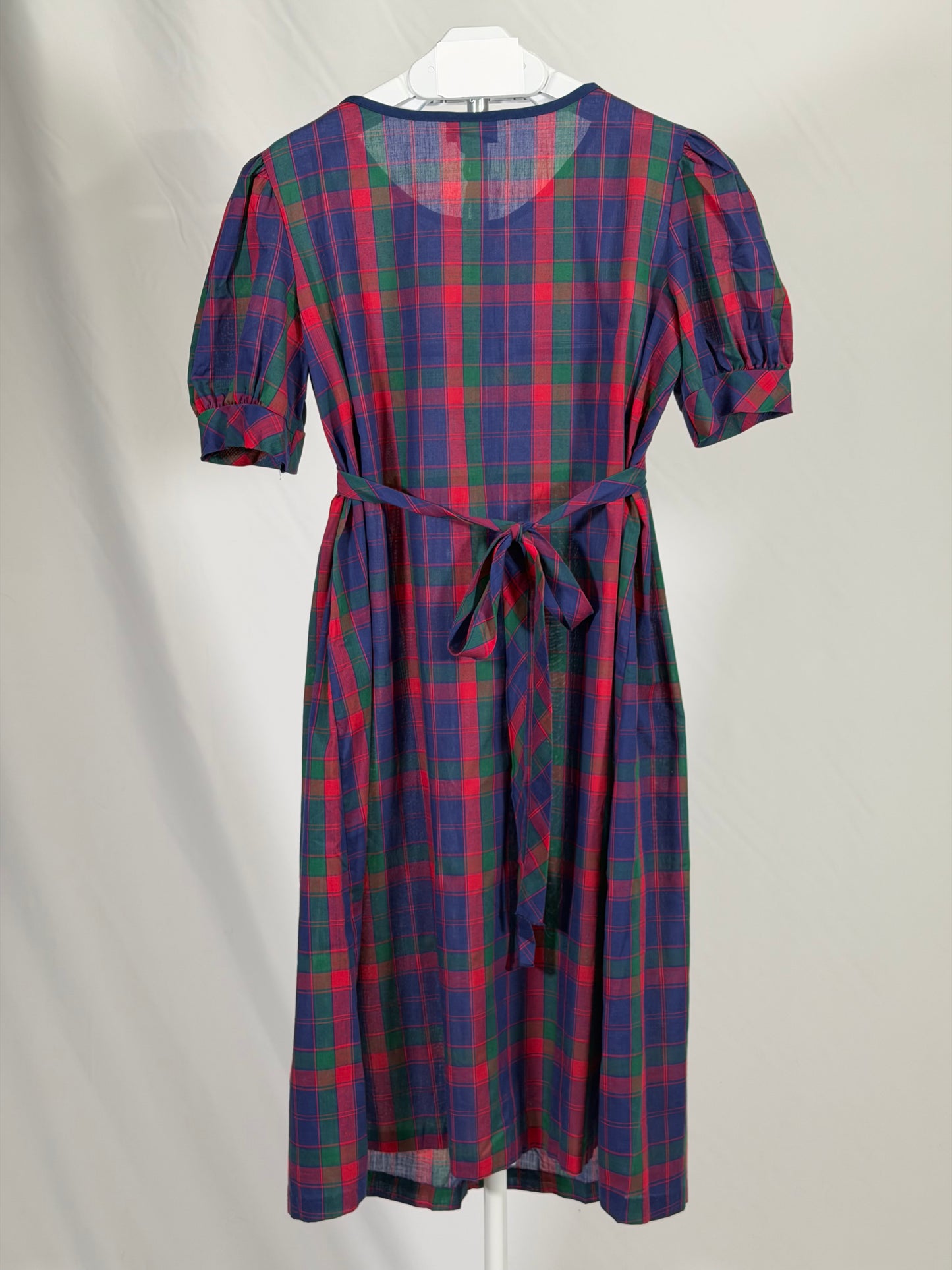 Vintage 80s Nu Venture poof sleeve plaid midi dress