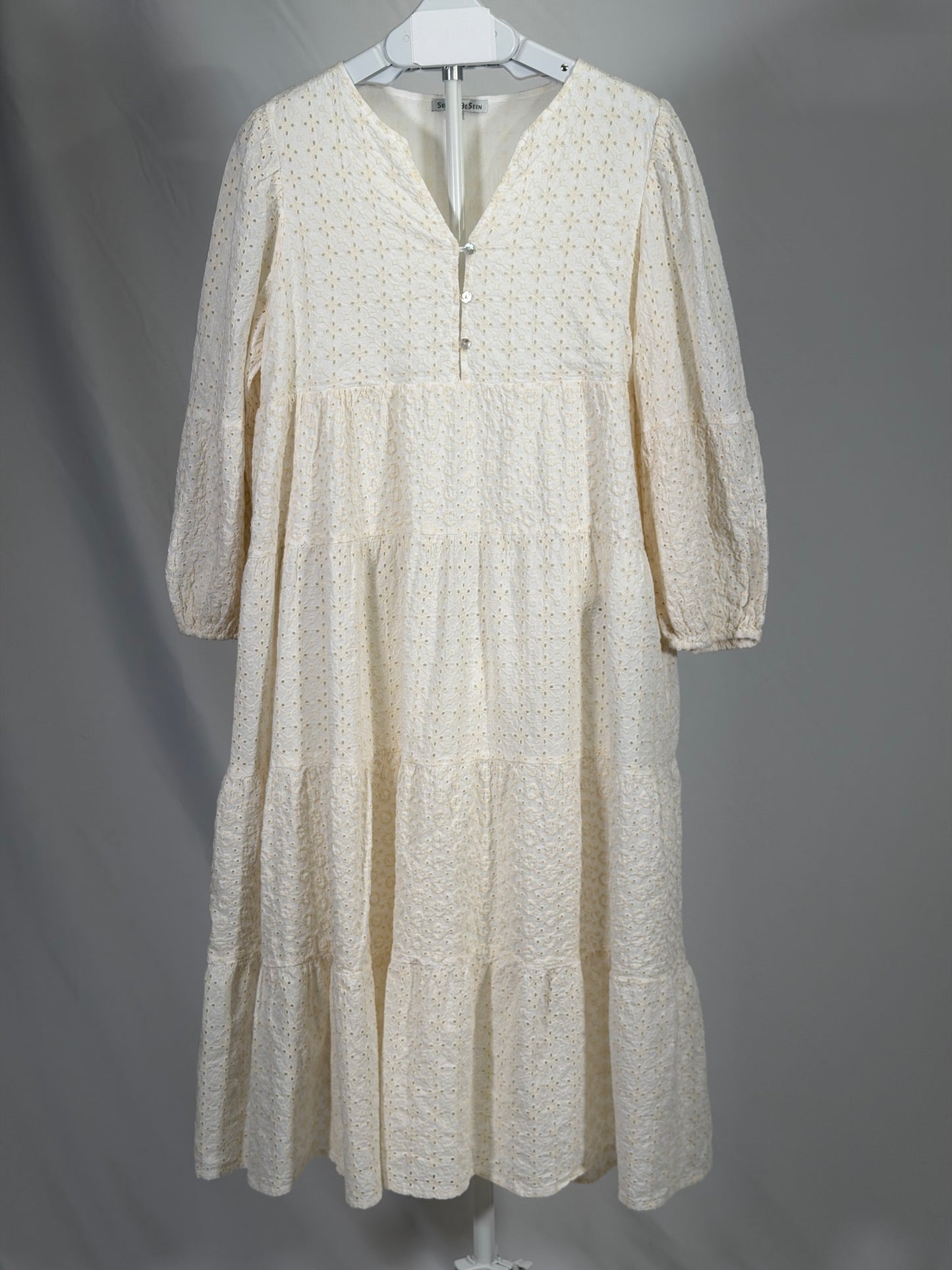 See and Be Seen cream eyelet tiered midi dress