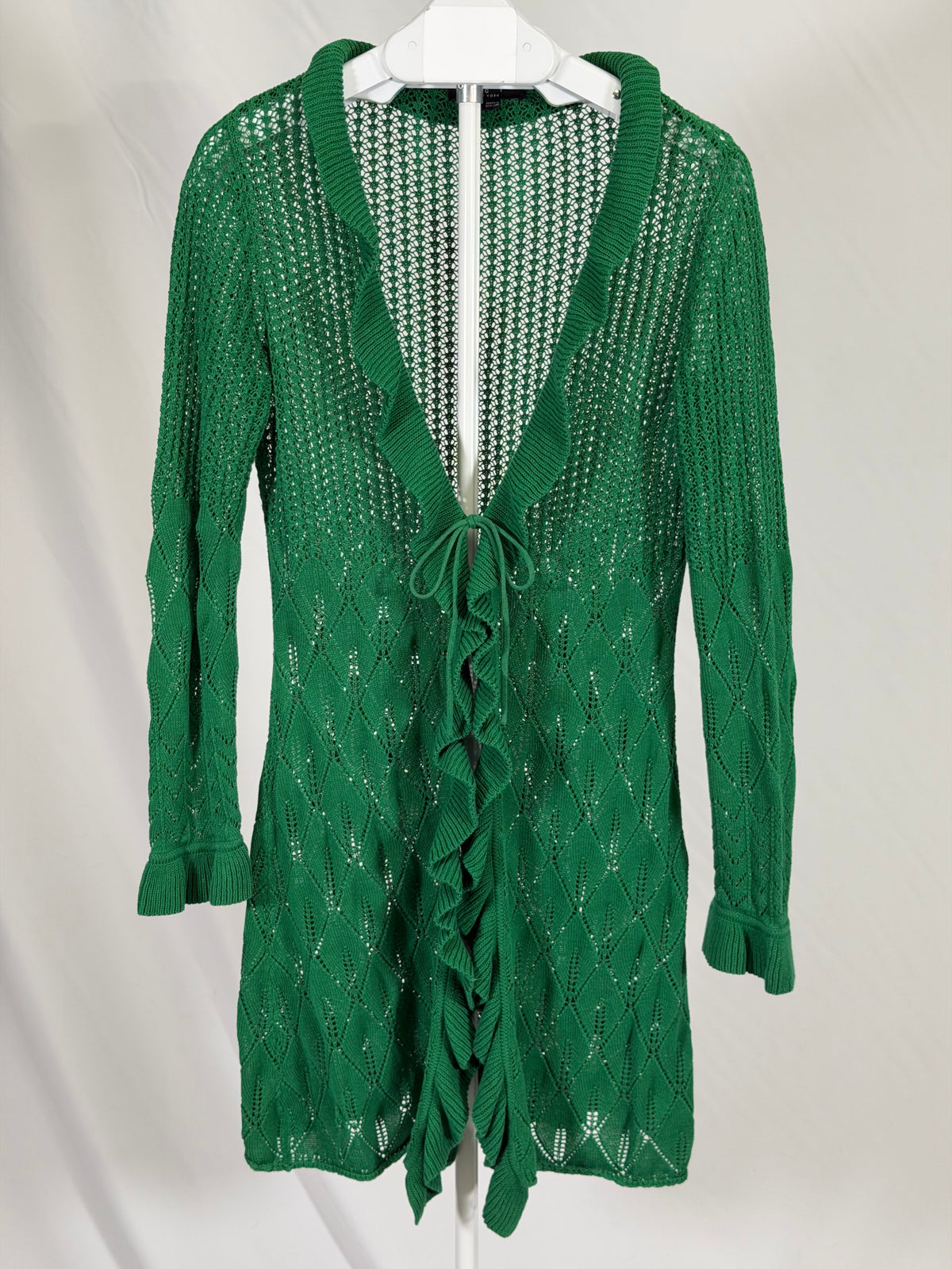 Vintage Y2K ECI green open knit ruffle tie front duster cardigan