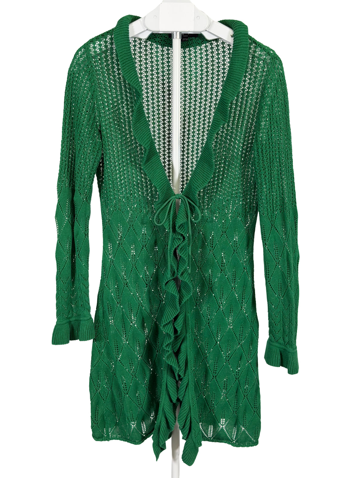 Vintage Y2K ECI green open knit ruffle tie front duster cardigan