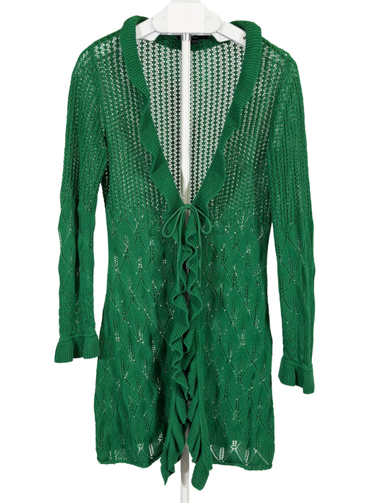 Vintage Y2K ECI green open knit ruffle tie front duster cardigan