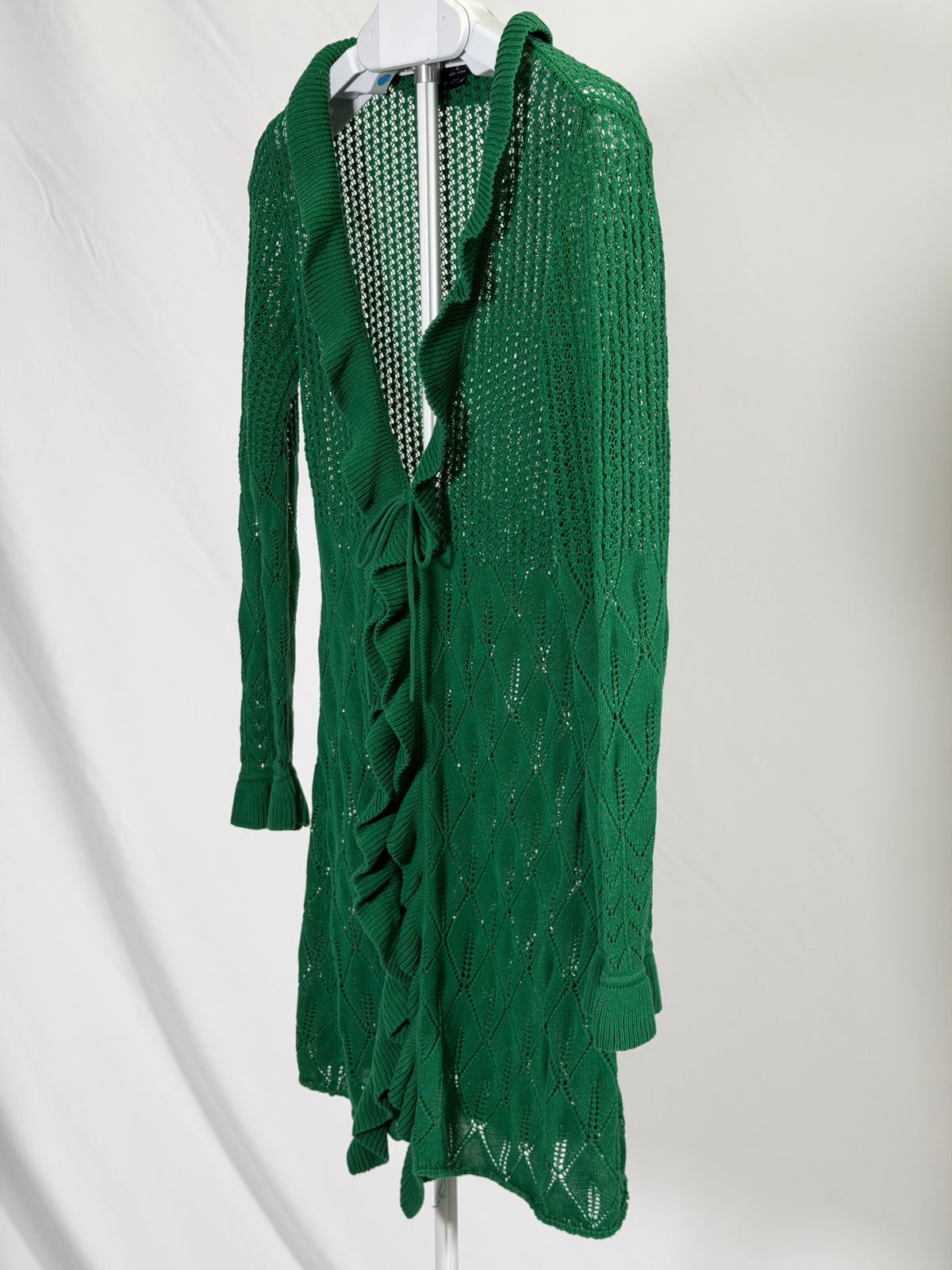 Vintage Y2K ECI green open knit ruffle tie front duster cardigan