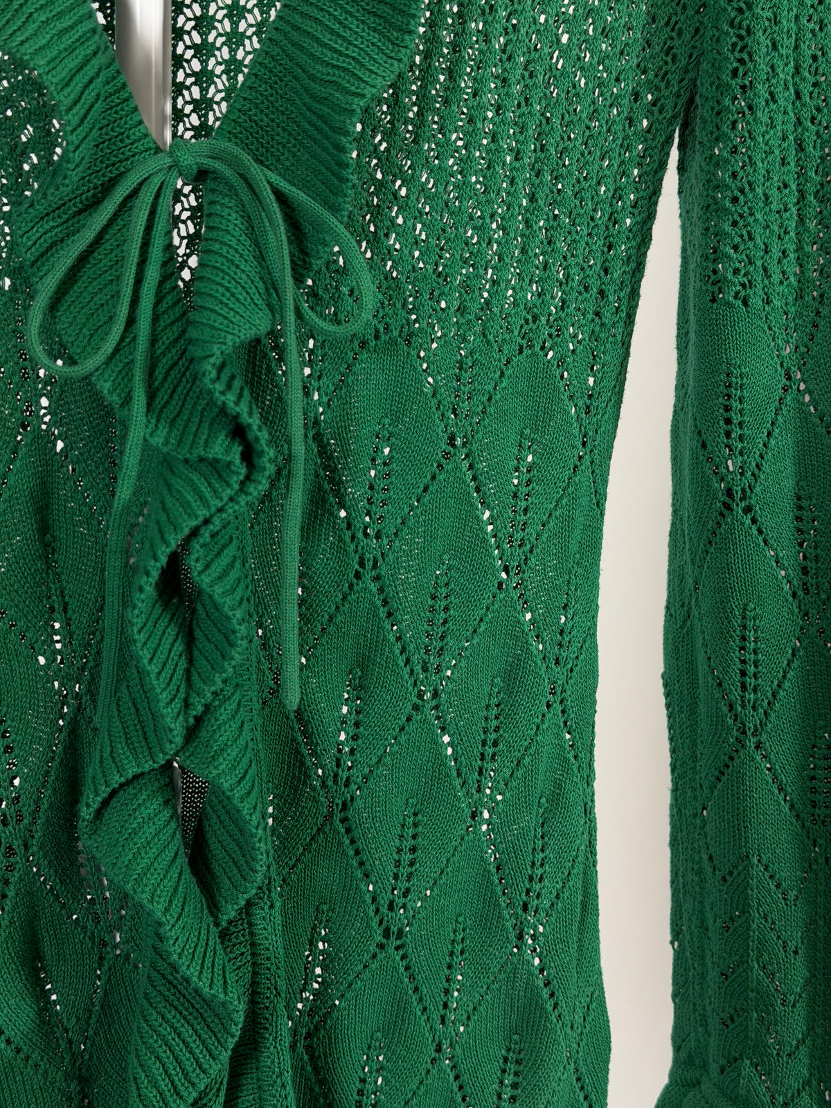 Vintage Y2K ECI green open knit ruffle tie front duster cardigan