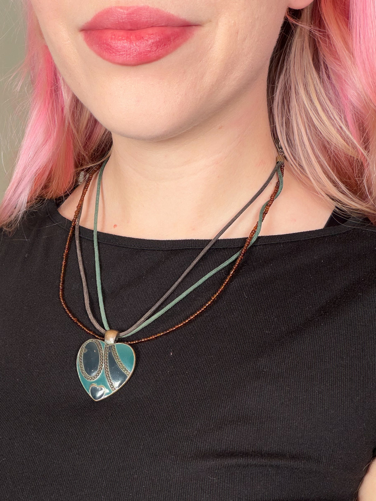 Y2K teal enamel layered cord heart pendant necklace