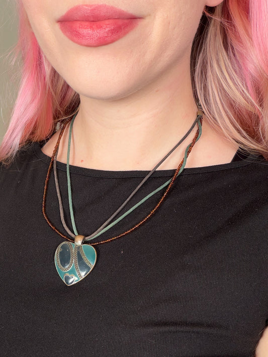 Y2K teal enamel layered cord heart pendant necklace