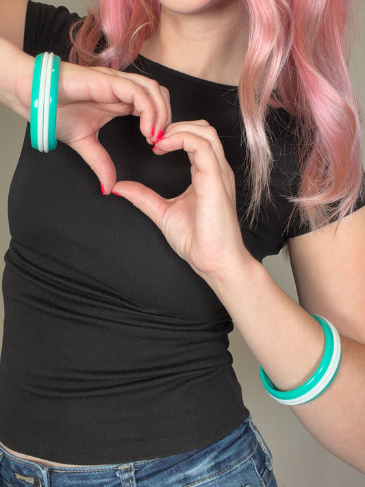 Teal and white triple layer track stripe bangle bracelets
