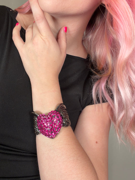 Y2K pink rhinestone winged heart cuff bracelet