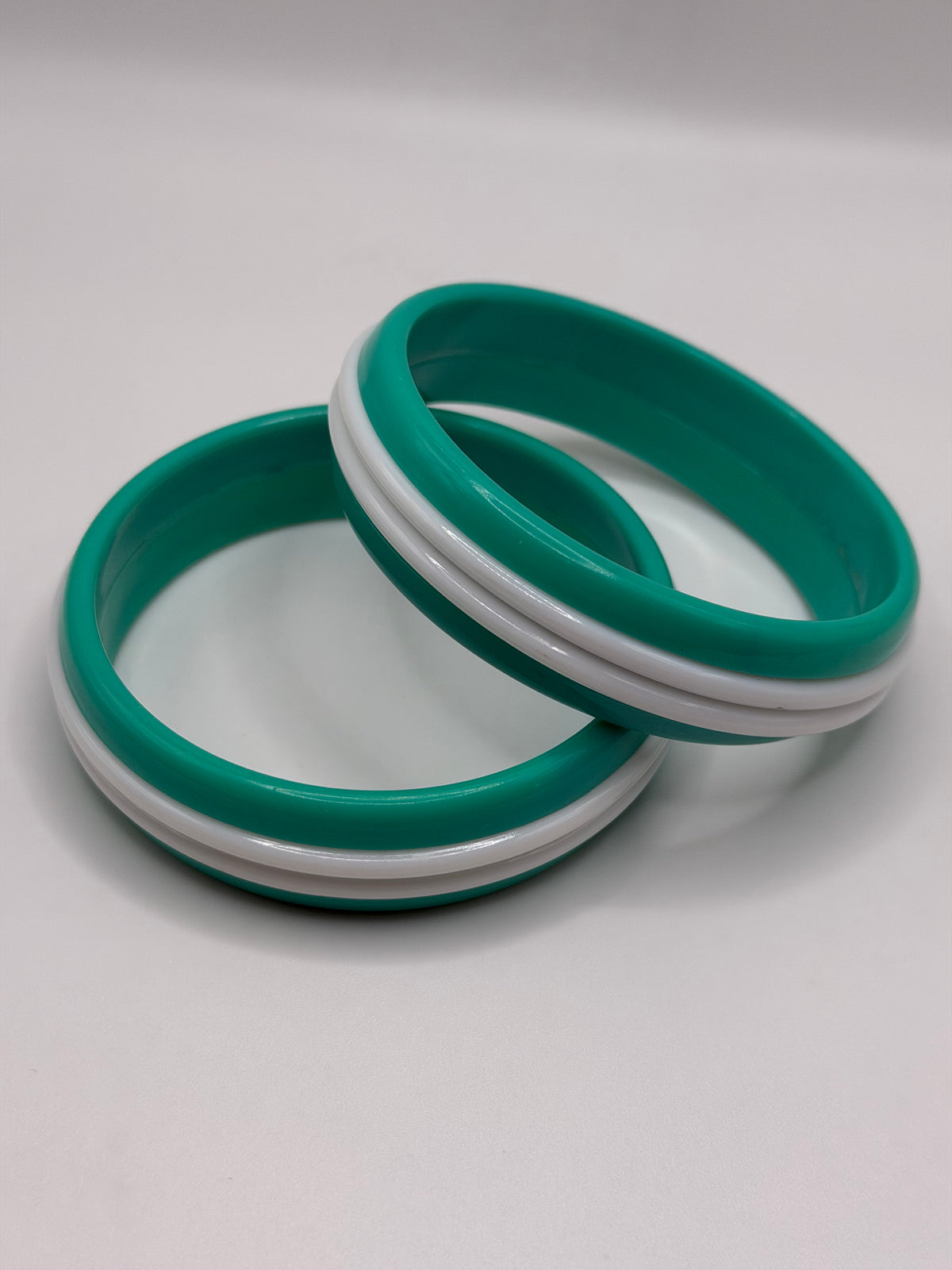 Teal and white triple layer track stripe bangle bracelets
